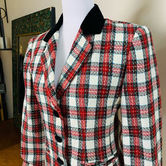 Vintage Size 6P Plaid Blazer Jacket Velvet Red Black Gold Metallic Holiday - Picture 6 of 11